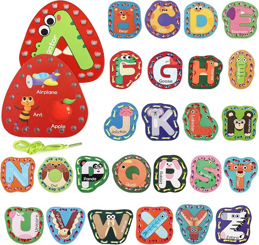 Vodolo 26 Pieces Lacing Cards Travel Sewing Kit for Kids, Letters Sequencing Threading Toy, Double Sided Fine Motor Skills Learning Toys, Classroom Supplies