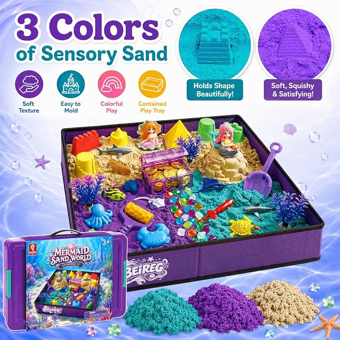 Mermaid Sensory Bin Kit - 58 PCS Sensory Sand Set with 2lbs Magic Sand, 18 Castle & Marine Molds, Foldable Roof Sandbox, Treasure Chest, Ocean Sandbox Mermaid Toys Gifts for Girls Ages 3-8