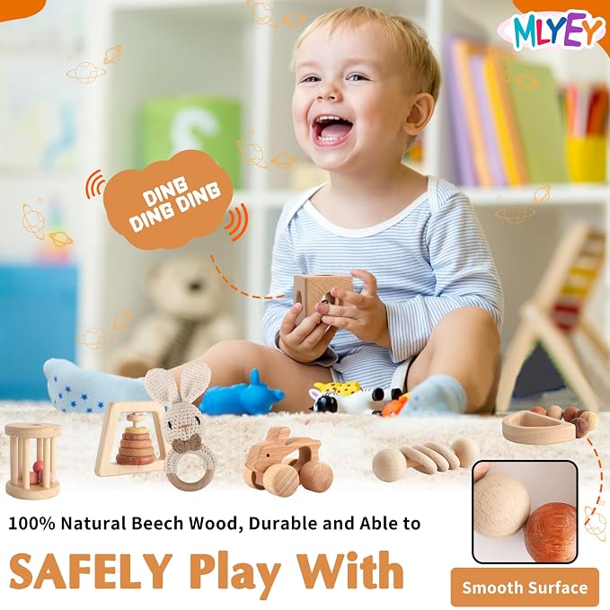 Wooden Toys for Babies, 7PCS Wooden Baby Rattle for 7-24 Months Boys Girls, Natural Wood Montessori Toys Set with Crochet Rabbit Rattle for Infant Grasping, Gift for Baby