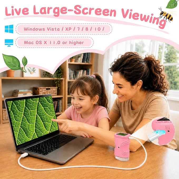 SEEKID Microscope for Kids 200-1000X, STEM Toy Science Kit for Kid(Pink) | Handheld Digital Microscope, 2" IPS Screen, 4K HD Camera 200+ Photo Storage for Girls Boys Child Birthday Gifts