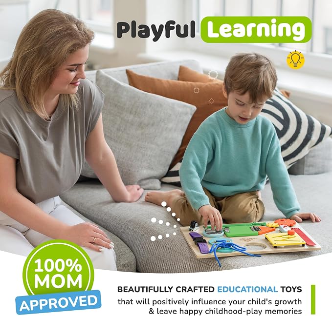 Montessori Busy Board, Premium Wooden Sensory Toy | Busy Board for 3 Year Old with 10 Educational Activities for Fine Motor Skills, Travel Toy