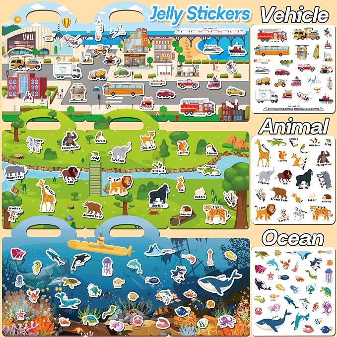 iGetooy 6 Sets Reusable Sticker Book for Toddlers 1-3, Jelly Sticker Books for Toddlers 2-4 Years, Toddler Travel Toys for Kids 2 3 4 Year Old Girls Boys