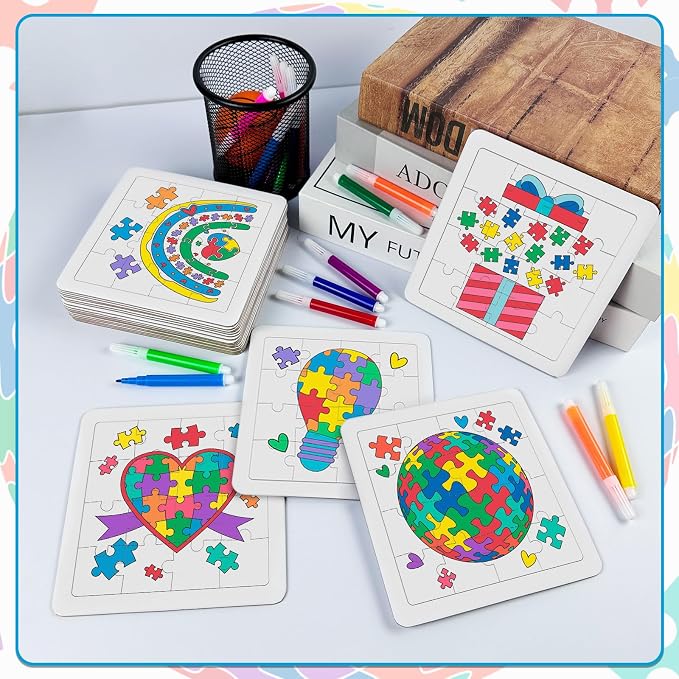 Cinrobiye 24 Pack DIY Coloring Puzzle Craft Kit, Color Your Own Blank Puzzle Set, Puzzle Art Activity for Classroom Crafts, Group Projects, Party Favors, Therapy Activities and School Supplies