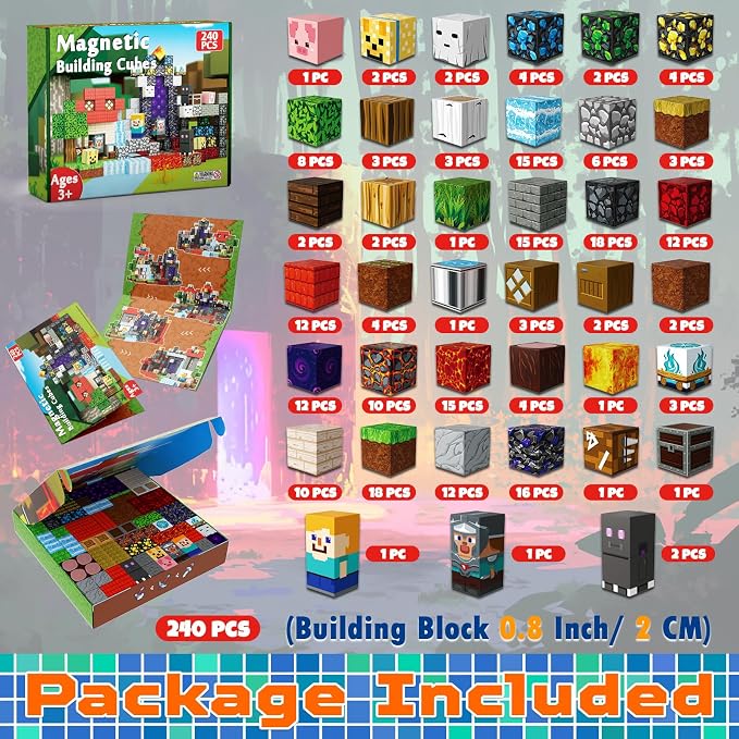 240 PCS Magnetic Blocks - Magnetic Building Block, Stacking Magnet Building Cubes for Kids, Magnetic Construction Toy for Boy Girl, STEM Montessori Sensory Toy Ages 3-12 Years Old Birthday Gift