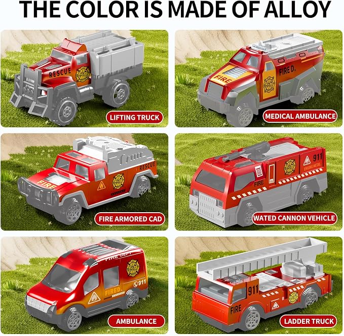 NIPLOOOW Fire Trucks Toy Set with Play Mat, Carrier Truck Play Vehicles Set for 3 4 5 6 Years Old Boys Kids, Die-Cast Car Toy for Toddlers 3-4 Years, Birthday Gifts Toys for 3-9 Year Old Boys