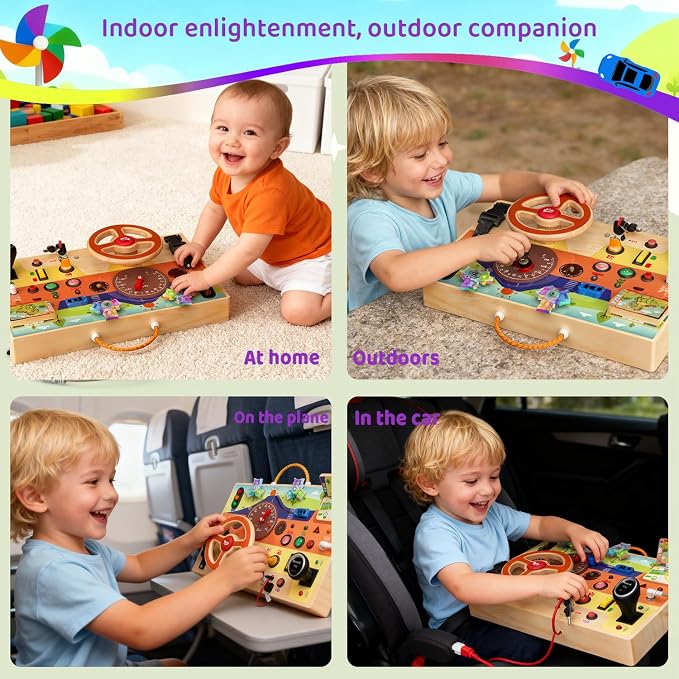 UdoUto Montessori Wooden Busy Board with Steering Wheel & Driving Toys | Sensory Activity Boards for Toddlers 1-3, Car Themed Fidget Toy, Lights, Switches & Windmill Spinner