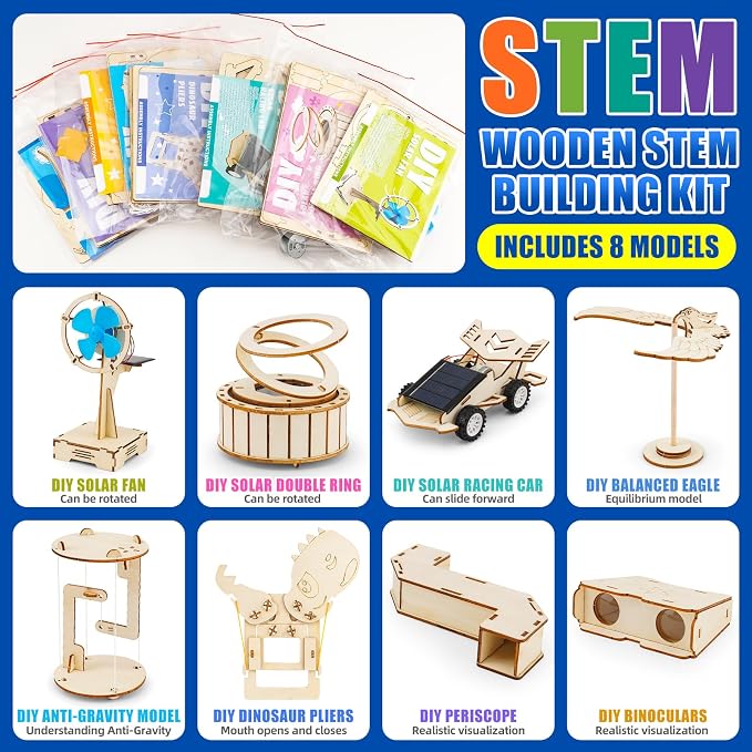 LUCKY GUESS 8 in 1 STEM Science Kit for Kids, Solar & Physics Experiments | Wooden STEM Kit for Kids, Building Kits, Solar Powered Car, No Batteries, No Tools, CPC & ASTM Certified, Ages 8-14, Gift Box