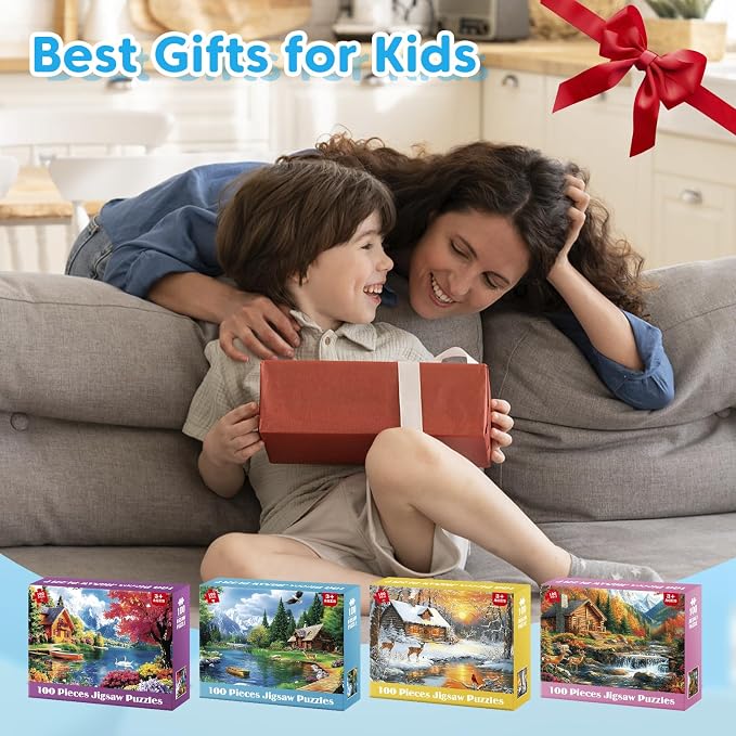 4-Pack 100 Piece Puzzles for Adults 4 Seasons Country Cottages