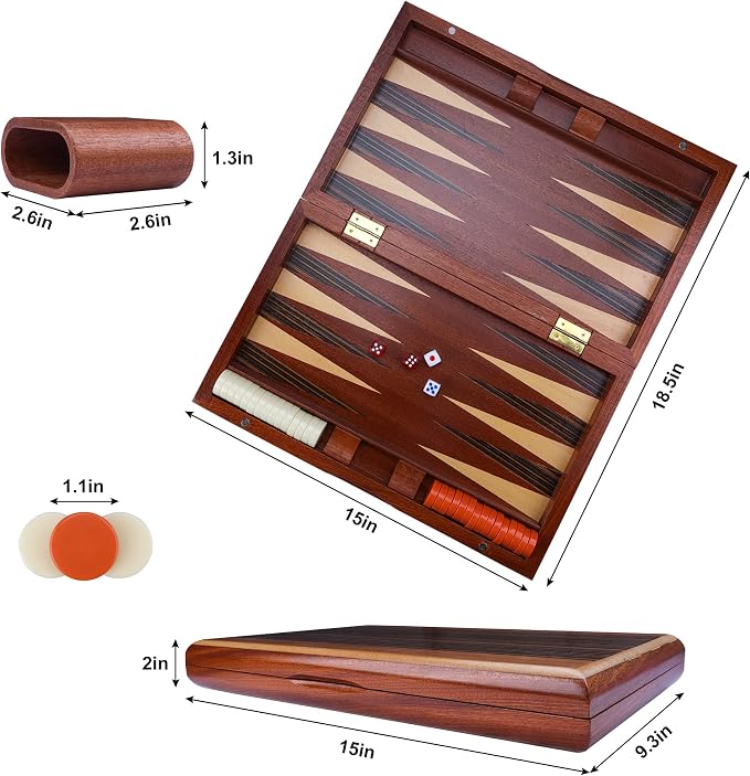 Wooden Backgammon Set, 15 inch Folding Backgammon Board Game with 32 Pieces | Portable Travel Strategy Game for Adults & Kids | Complete Backgammon Set in Wood Case for Family Game Nights & Gifts