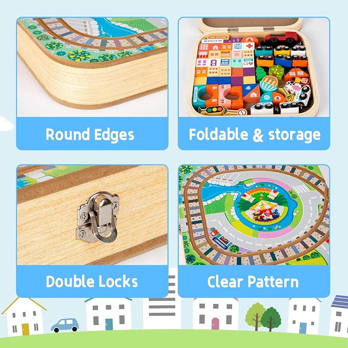 Adena Montessori Wooden Tabletop Train Set, Small, 3+ | Safe wood, 75 blocks + train. Build tracks & city. Boosts motor, logic & creativity. Take-along tabletop. Gift 3+.