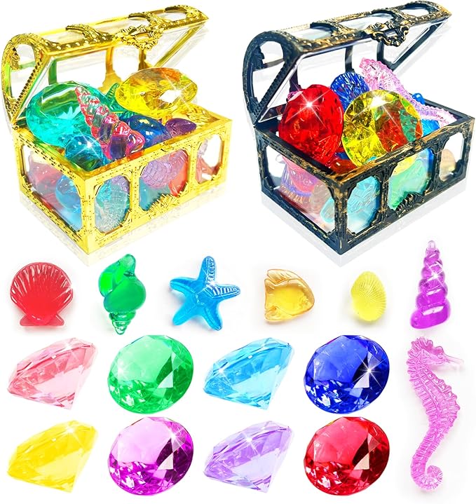 60Pcs Diving Gems Pool Toys Big Colorful Diamonds Set with Treasure Chest | Fake Plastic Acrylic Crystal Seashell & Gemstones, Underwater Mermaid Hunt Pirate Treasure Games for Kids, Gold and Bronze