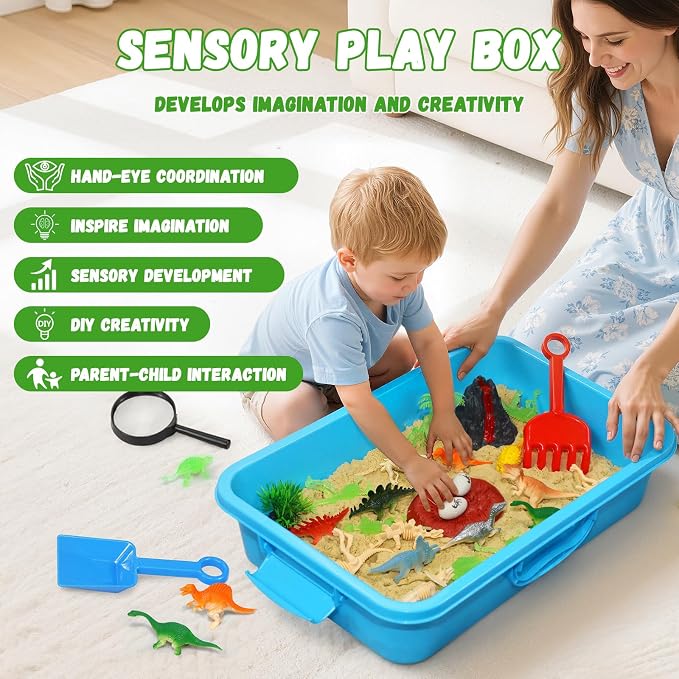 Dinosaur Sensory Sand Kit, Lidded Sand Bin, Dinosaur Toys for Kids | Magic Sand & Archaeology Tools, STEM Montessori Dinosaur Sensory Toys, Arts & Crafts for Kids 3-8, Christmas & Birthday Gifts