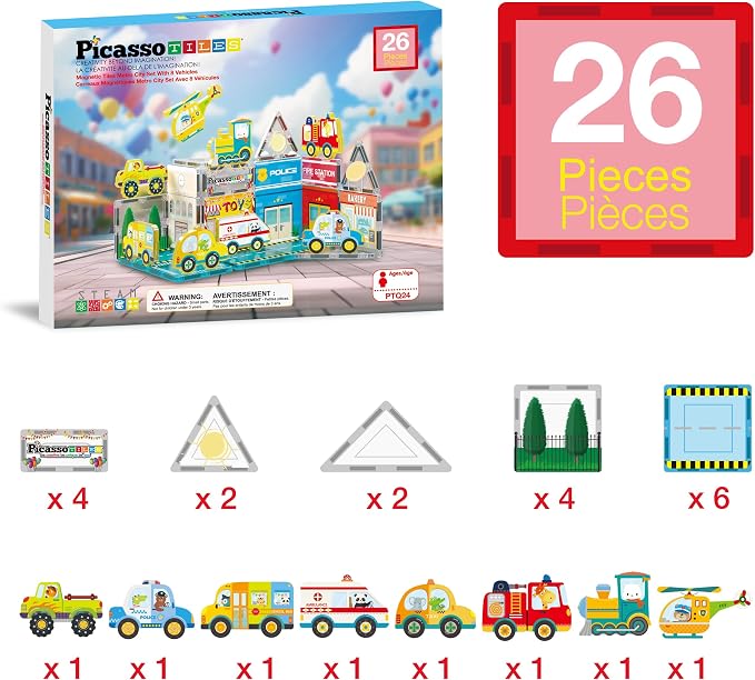 PicassoTiles Magnet Tile Building Blocks Metro City Themed Playset with 8 Character Action Figures Magnetic Tiles STEM Learning Early Education Toy Construction Set Toddlers Boys Girls Ages 3+ PTQ24
