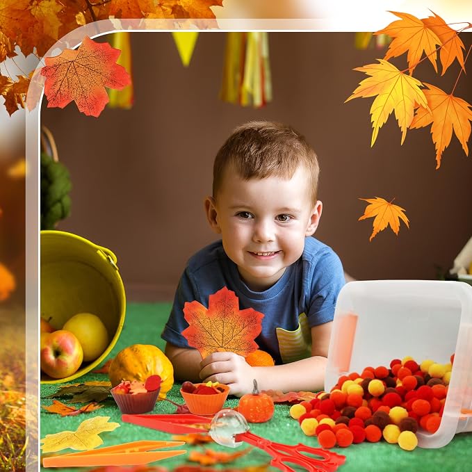 353 PCS Thanksgiving Fall Sensory Bin Fillers Fine Motor Preschool Toys | Autumn Counting Color Sorting Set, With Felt Leaves, Pom Poms, Clip, Silicone Bowls Handy Storage Box,Thanksgiving Gift