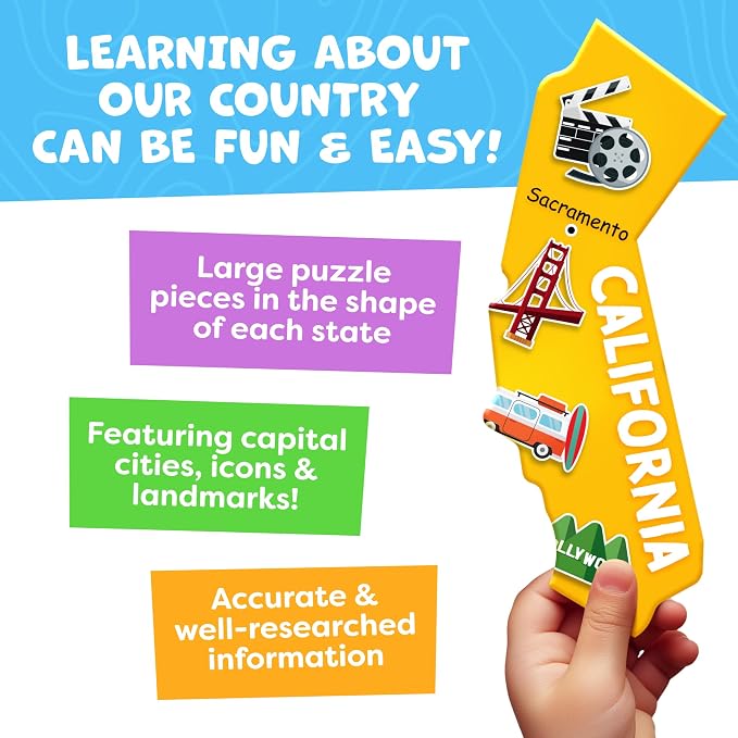 United States Puzzles for Kids Ages 4-6, 6-8 - Educational Toys for Boys & Girls - 70Pcs USA Map Kids Puzzles with 50 States & Capitals - Floor Jigsaw Kids Puzzle - Learning Activities Gifts