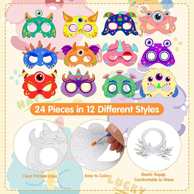 24 Pcs Monster Crafts for Kids DIY Coloring Masks School Activity | DIY Color Your Own Cartoon Monster Arts and Crafts for Masquerade Birthday Dress-Up Cosplay Party Favor Class Game Supply
