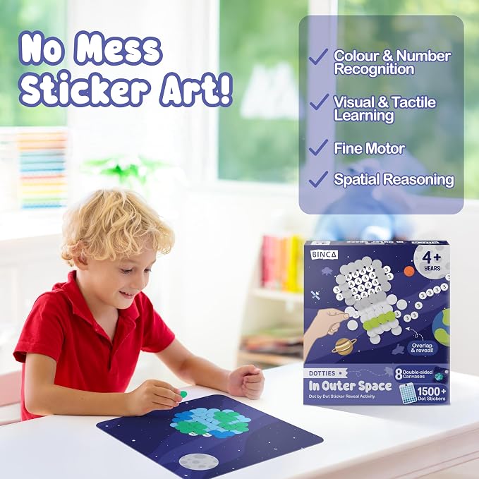 BINCA Dotties Dot Art Activity Kit - Space, 1500+ Stickers, Mess-Free Activities, DIY Dot Sticker Art, Kids Travel Activities, Gifts for Boys & Girls Ages 4,5,6,7