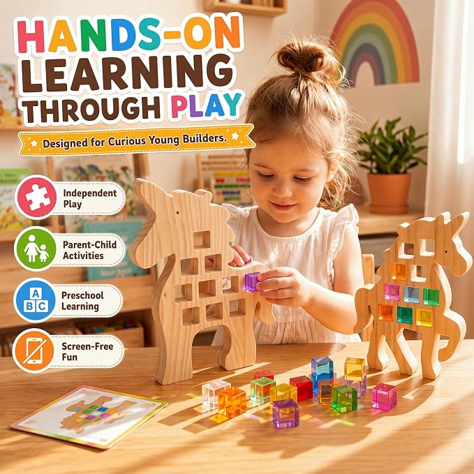 Soulchen Kids Wooden Building Block Set, 20 Rainbow Gem Cube Stacking Blocks - 2 Unicorn Skeletons, Montessori Toddler Stacking Toy, Learning Educational Toy Sensory Gift for Boys Girls