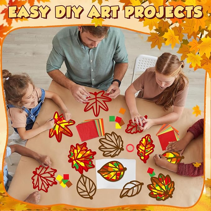 Qyeahkj 36 Set Fall Maple Leaves Suncatchers Crafts for DIY Autumn Window Tissue Paper Crafts Kit Thanksgiving Maple Hanging Decor for Fall Home Activity Art Project Birthday Party Favor Gift