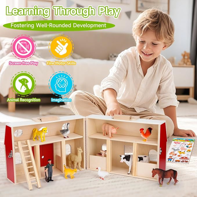 Wooden Barn Toy Set with Farm Animals, Sticker | Portable Pretend Play Barn, Farm Animal Figures, Montessori STEM Educational Animal Playset for Kids Birthday Christmas Gift