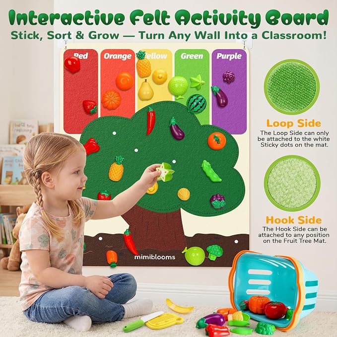SOCBTNSO Pretend Play Food Set with Felt Tree Mat & Storage Basket for Kids | Kitchen Accessories Toys|Fruit and Veggie Sensory Toy|Montessori Color Sorting|Gift for Toddlers 3 4 5 6 Year Old|Boys Girls