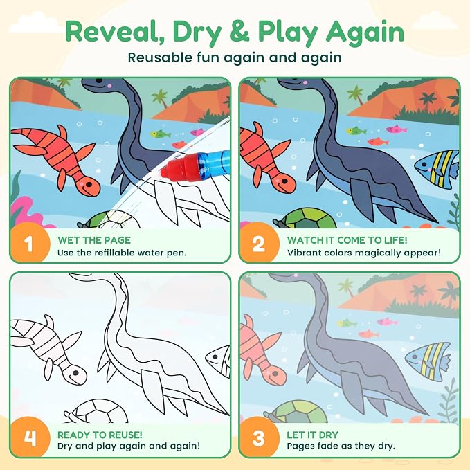 JoyCat Paint with Water Coloring Book for Toddlers, Reusable (Dinosaur) | Water Coloring Books with Water Pens, No Mess Travel Toy for Kids to Develop Creativity,Educational Learning Kits Gifts