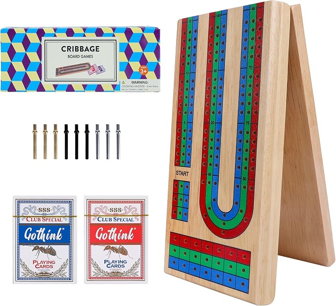 Offelec Upgraded Wooden Folding Cribbage Board Game Set - 3 Track Board with 2 Decks of Cards, 9 Metal Pegs & Storage | Portable Travel Cribbage for Kids, Adults and Family