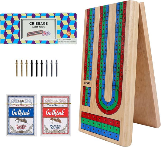 Offelec Upgraded Wooden Folding Cribbage Board Game Set - 3 Track Board with 2 Decks of Cards, 9 Metal Pegs & Storage | Portable Travel Cribbage for Kids, Adults and Family