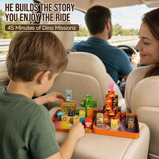 Dinosaur Magnetic Blocks Travel: 49PCS Prehistoric Cubes Toy Set | 4 Story Missions & Explorer Figure for 45+ Min Quiet Focus Game 350g Tin Travel Toy for Car Airplane Activities Kids Ages 3-8