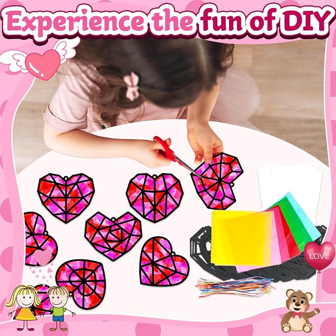 32 Sets Heart Suncatchers Craft Kit for Valentine's Day DIY Window Stained Glass Paper Pink Love Home School Classroom Decor Valentines Art Craft Creative Activity Project Kid Christmas Gift Favor