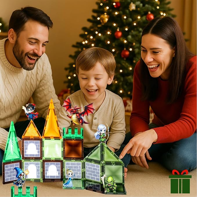 Dragon & Princess Magnetic Tiles for Kids 5-8 – Fantasy World Building Blocks with Monster, Wizard, Elf, Skeleton, STEM Toy for Boys & Girls, Christmas Birthday Gift