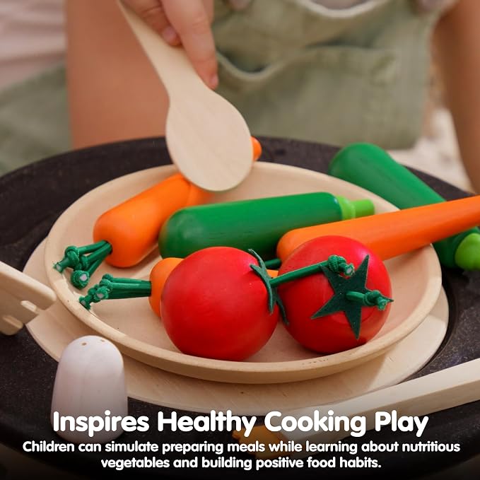PlanToys® Wooden Fresh Produce Set Carrots, Zucchinis & Tomatoes Kids Toy | slicing, wooden knife, fruits and vegetables toys, girls, boys, montessori pretend food fine motor gift preschool learning