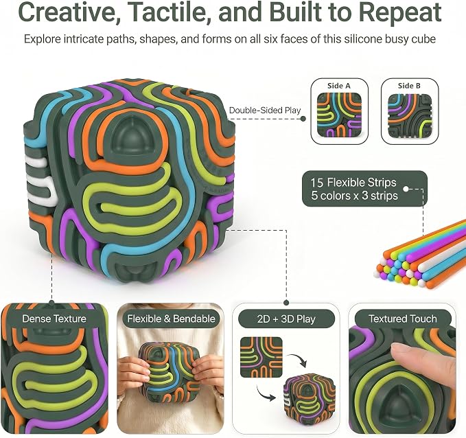 Sensory Activity Board Cube Fidget Toys for Kids & Adults - Zero Noise Silicone Quiet Toddler Travel Toys for Car Rides & Airplane - Autism ADHD Calming Toy Gift Stuffers with 15 Strings