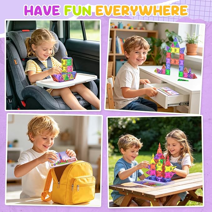 38PCS Mini Magnetic Tiles Glitter Diamond Pattern Magnetic Tiles Travel Set | Magnetic Blocks Building Toys with Case for Kids Ages 4-8, Portable Creativity Boosting Sensory Toys for Boys Girls Gift