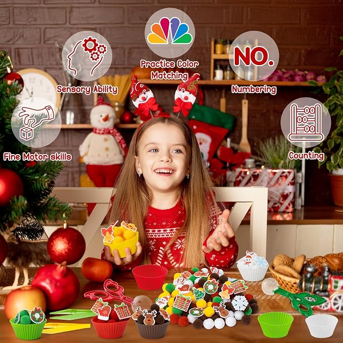 Christmas Sensory Bin Fillers, 266Pcs Fine Motor Toys | Counting Sorting Toys, Christmas Gift for Kids, Preschool Education Activities, Felt Xmas Tree Snowman, Pom Poms Cup Clip
