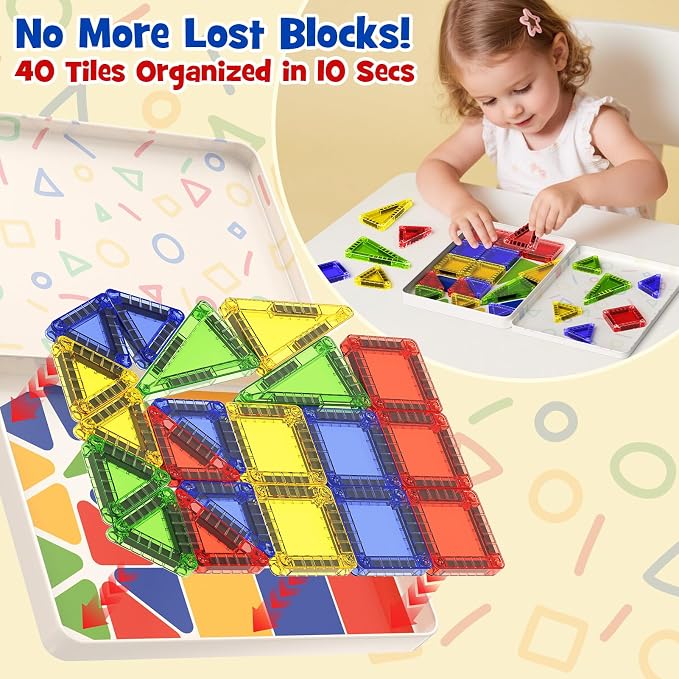 Mini Magnetic Tiles Travel Toys: Airplane Activities for Kids 3-8 | 40pcs Metal Box Play Base & Visual Storage Guide - Road Trip Essentials for Toddlers Quiet Games Portable Sets Must Haves