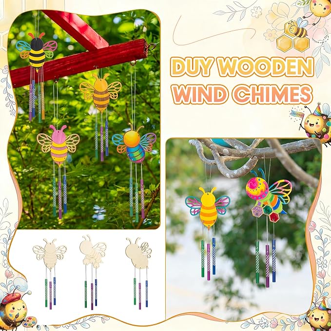 Leinuosen 30 Pcs Wind Chime Kit Make Your Own Bee Crafts for Kids | DIY Bee Windchimes Crafts Decorative Coloring Wooden Crafts for Spring Summer Party Art Activities Home Patio Decor
