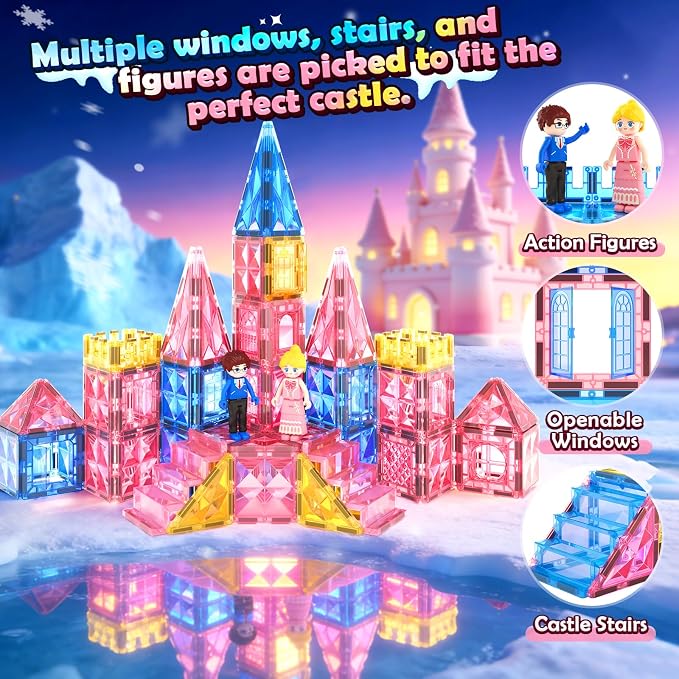 Magnetic Tiles 102pcs with 2 Stairs 2 Dolls Princess Castle Kids Ages 3-12