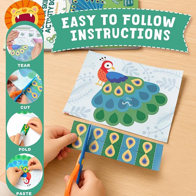 JoyCat Scissor Skills Activity Kit, Toddler Scissors Ages 3-5, Animals | Preschool workbook with 34 animal activities, scissors for kids and glue for 4-level toddler arts and crafts.