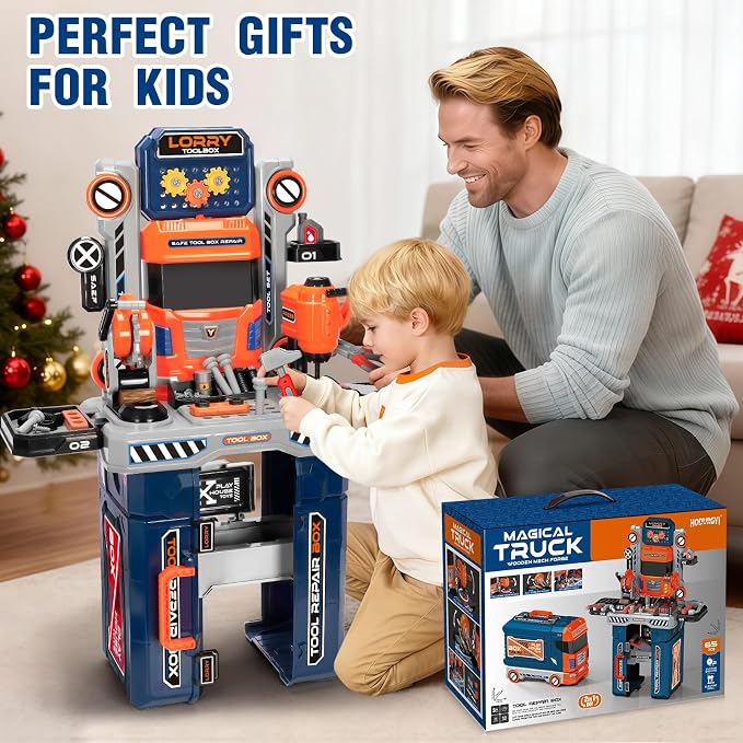 Kids Tool Bench with Electric Drill and Power Miter Saw, Construction Workbench Toys for Boys Age 3 4 5 6 7 8, Toddler Realistic Tools Table Playset, Tool Box Set, Christmas Birthday Gift for Kids 3-5