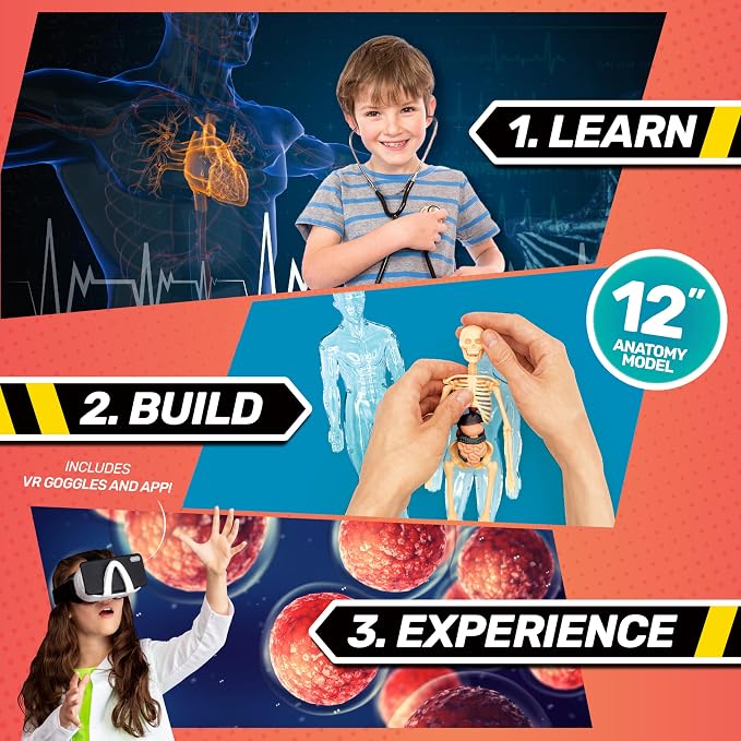 Abacus Brands Bill Nye's Science Squad Body Lab VR- Kids STEM Activity Set | Virtual Reality Goggles, 30-pc Human Anatomy Model, Working Stethoscope, 40-pg Educational Book, Hands-On Experiment, Ages 8+