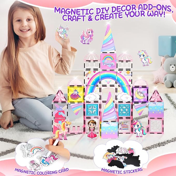 Diamond Magnetic Tiles Unicorns Princess Castle with Magnetic Art Decor Kit, Unicorn Toys for Girl 3 4-6-8, Magnet Tiles for kids 4-8 5 6 7+ Girl Gifts,Magnet Toys Include 5 Dolls,Rainbow,Candy,Decors