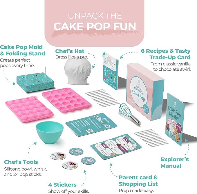 Kids Cake Pop Maker Kit | Real Reusable Baking Tools | Ages 6-12 | Cake Pop Making Set | Visual Recipe Cards | STEM DIY Baking Activity | Screen Free Fun | Birthday Christmas Gift