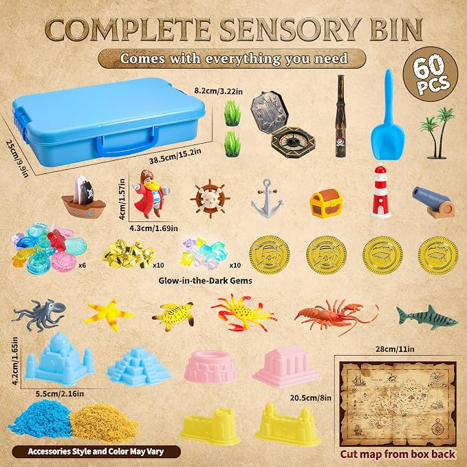 KNASON Pirate Treasure Chest Sensory Bin with Glow in The Dark Gems and Map | 2.2lbs Sensory Play Sand Kit, Sandbox with Lid, Pirate Toys, Spyglass, Compass, Sand Toys Gift for Boys Kids Ages 3-8