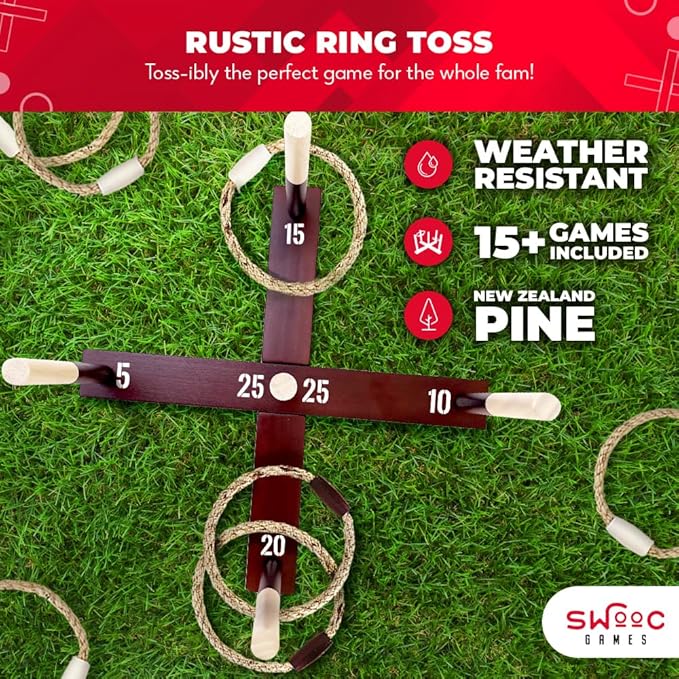 Swooc Games - Rustic Ring Toss Game (All Weather) - Easy Setup & Extra Games Included - Ring Toss Game for Adults - Outdoor Activities for Adults - Yard Toys for Kids - Backyard Fun - Outdoor Party