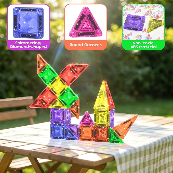 38PCS Mini Magnetic Tiles Glitter Diamond Pattern Magnetic Tiles Travel Set | Magnetic Blocks Building Toys with Case for Kids Ages 4-8, Portable Creativity Boosting Sensory Toys for Boys Girls Gift