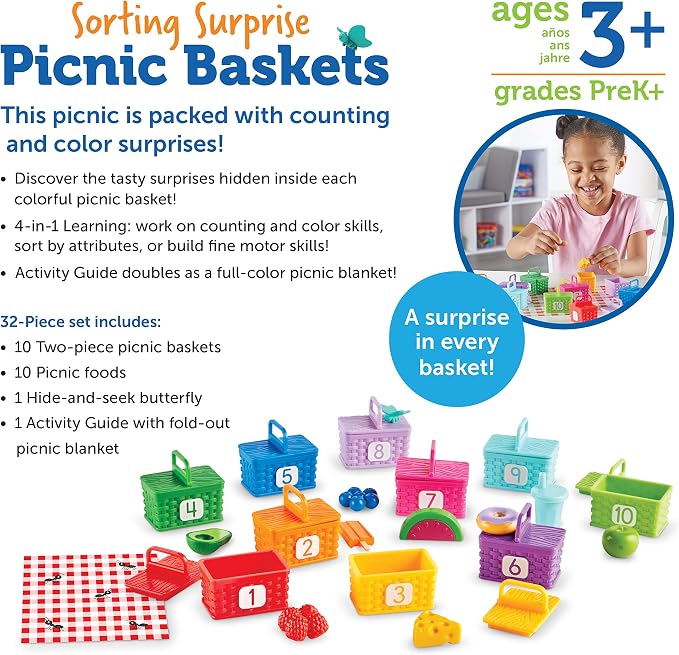 Learning Resources Sorting Surprise Picnic Baskets - Preschool Activities, Play Food for Toddlers, Color Sorting, Number Counter, Fine Motor Games, Birthday Gifts for Boys and Girls