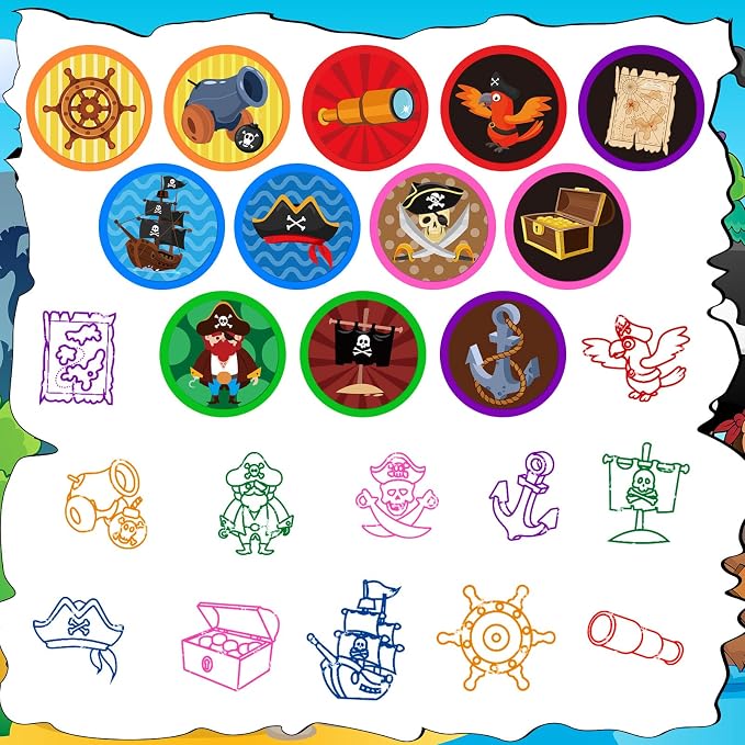 Cinrobiye 24 Pcs Pirate Stampers Party Favor Set, Cute Pirate Adventure Stamps for Kids Birthday Party, Classroom Rewards, Carnival Prizes, Goody Bag Fillers, Pirate Themed Party Supplies