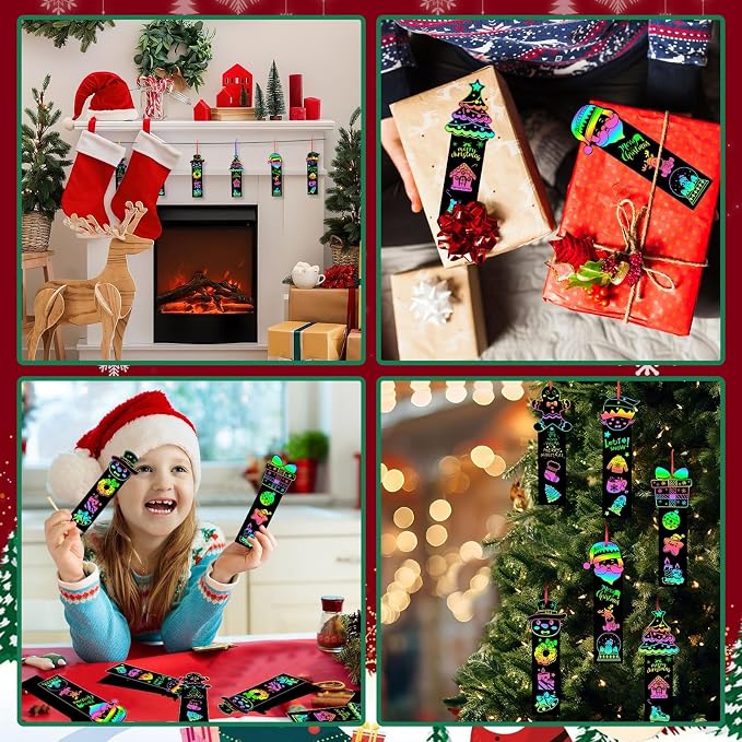 JUNEBRUSHS 30Pcs Christmas Scratch Bookmarks, Rainbow Magic Scratch Paper Art Christmas Tree Santa DIY Crafts Kit for Xmas Hanging Ornaments Christmas Party Favors Gifts