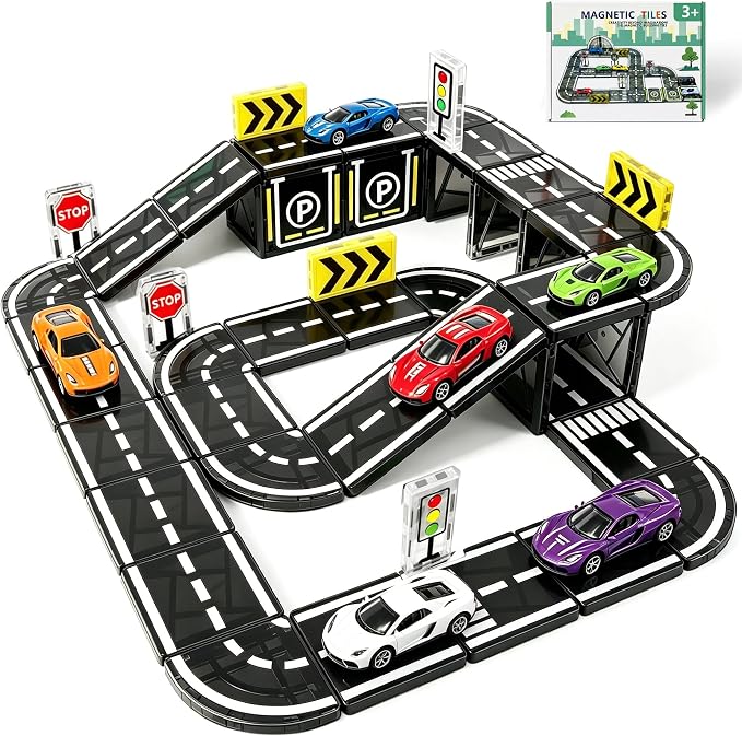 Magnetic Tiles Road Set with Cars, Magnetic Blocks for Kids Ages 4-8 | 6 Cars, Traffic Lights & Road Signs, STEM Construction Toy for Boys Girls Ages 3-5 4-8 5-7, Expansion Magnetic Building